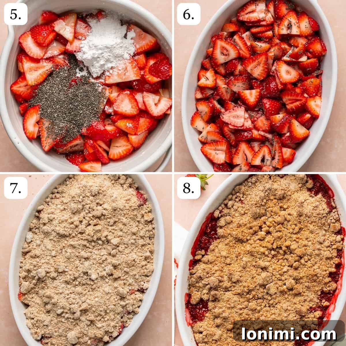 Pratik Glutensiz Çilekli Crumble 6 numbered step by step photos showing how to assemble the dessert