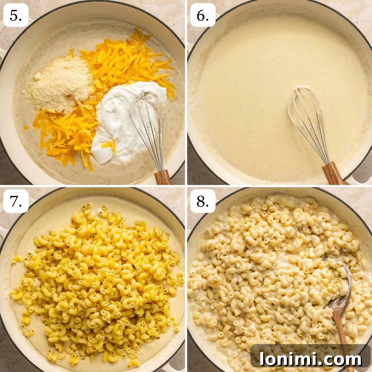 numbered step by step photos showing how to incorporate the sauce and pasta