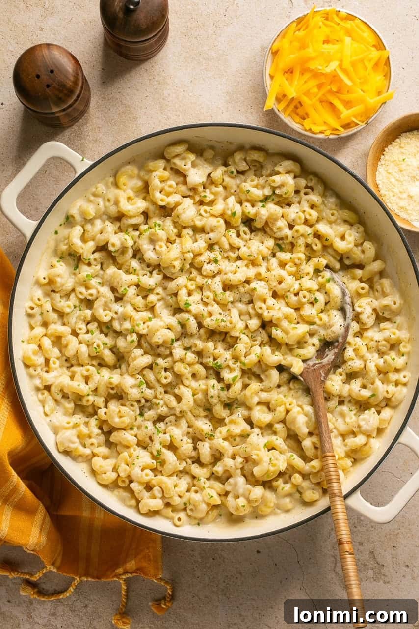 an overhead shot of a large pot of cottage cheese mac and cheese