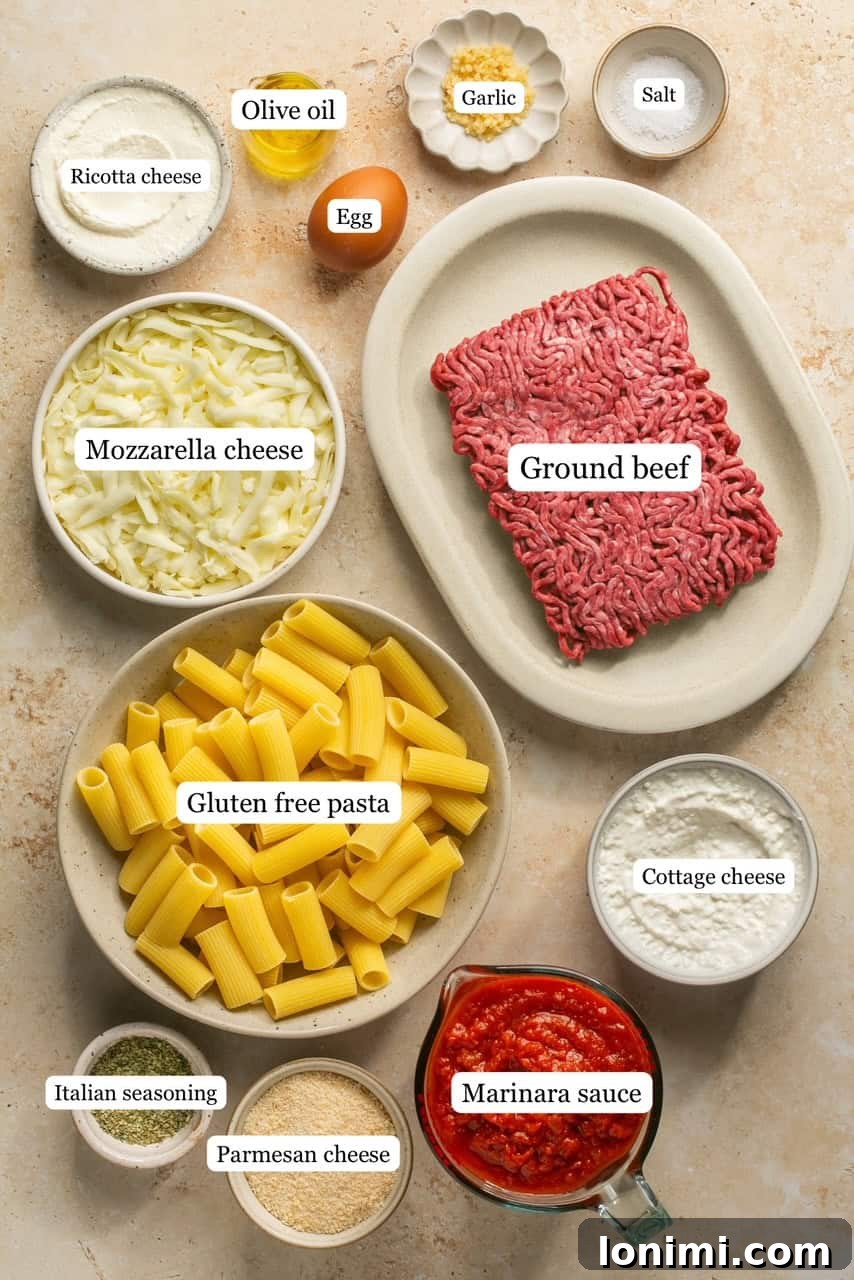 Effortless Cheesy Lasagna Bake 3 Individual bowls displaying each ingredient required for the Lazy Lasagna recipe, neatly labeled for clarity.