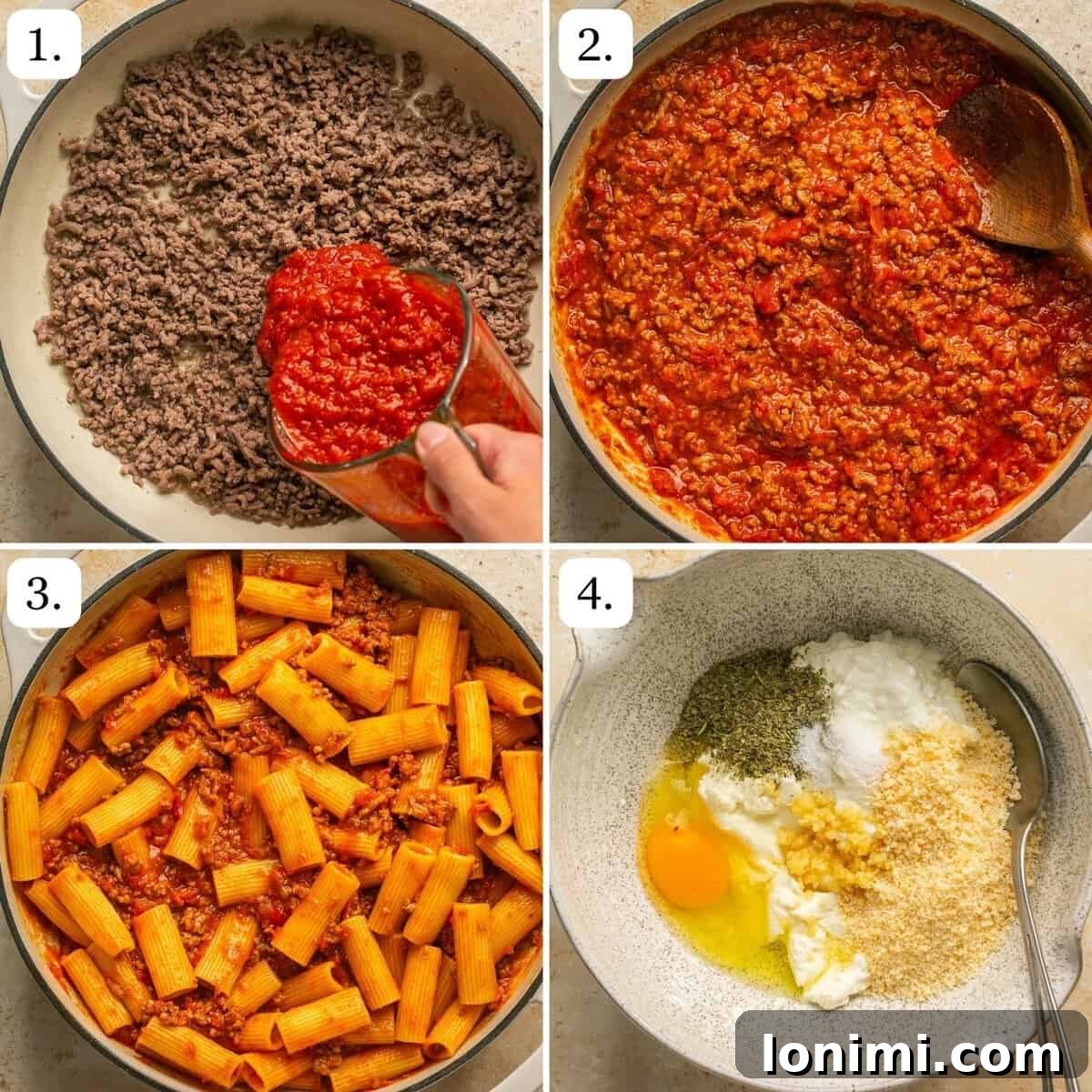 Effortless Cheesy Lasagna Bake 4 A series of numbered step-by-step photos illustrating the process of preparing the meat sauce for Lazy Lasagna.