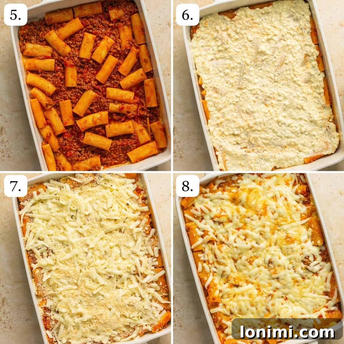 Effortless Cheesy Lasagna Bake 5 Numbered step-by-step photos demonstrating the assembly of the Lazy Lasagna in a casserole dish, showing layers of pasta, cheese mixture, and mozzarella.