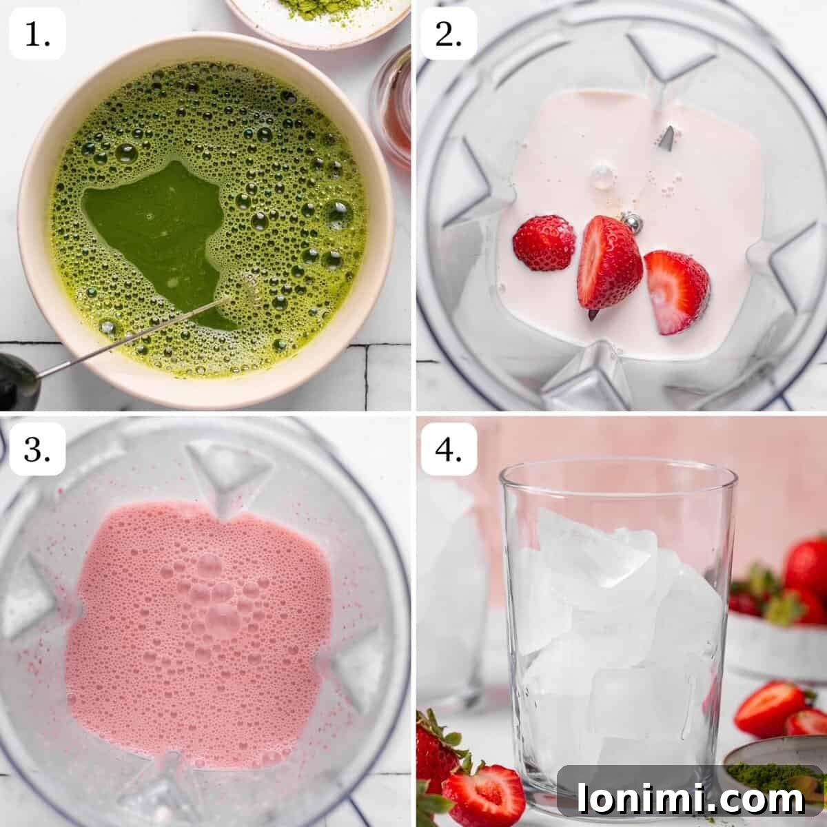 A visual guide showing three steps: whisking matcha, blending strawberry cold foam, and filling a glass with ice.