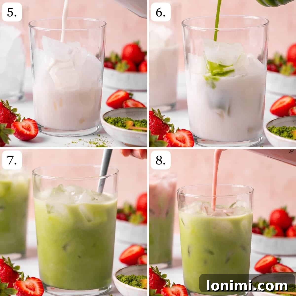 A step-by-step assembly of the iced strawberry matcha latte: adding almond milk, pouring matcha, stirring, and topping with strawberry cold foam.
