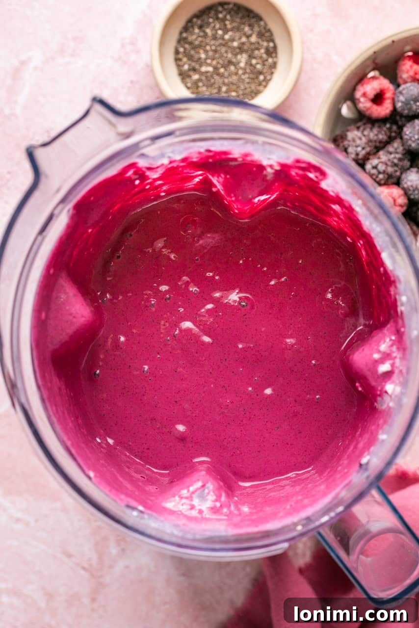 Berry Bliss Cottage Cheese Smoothie 5 blended smoothie in a blender