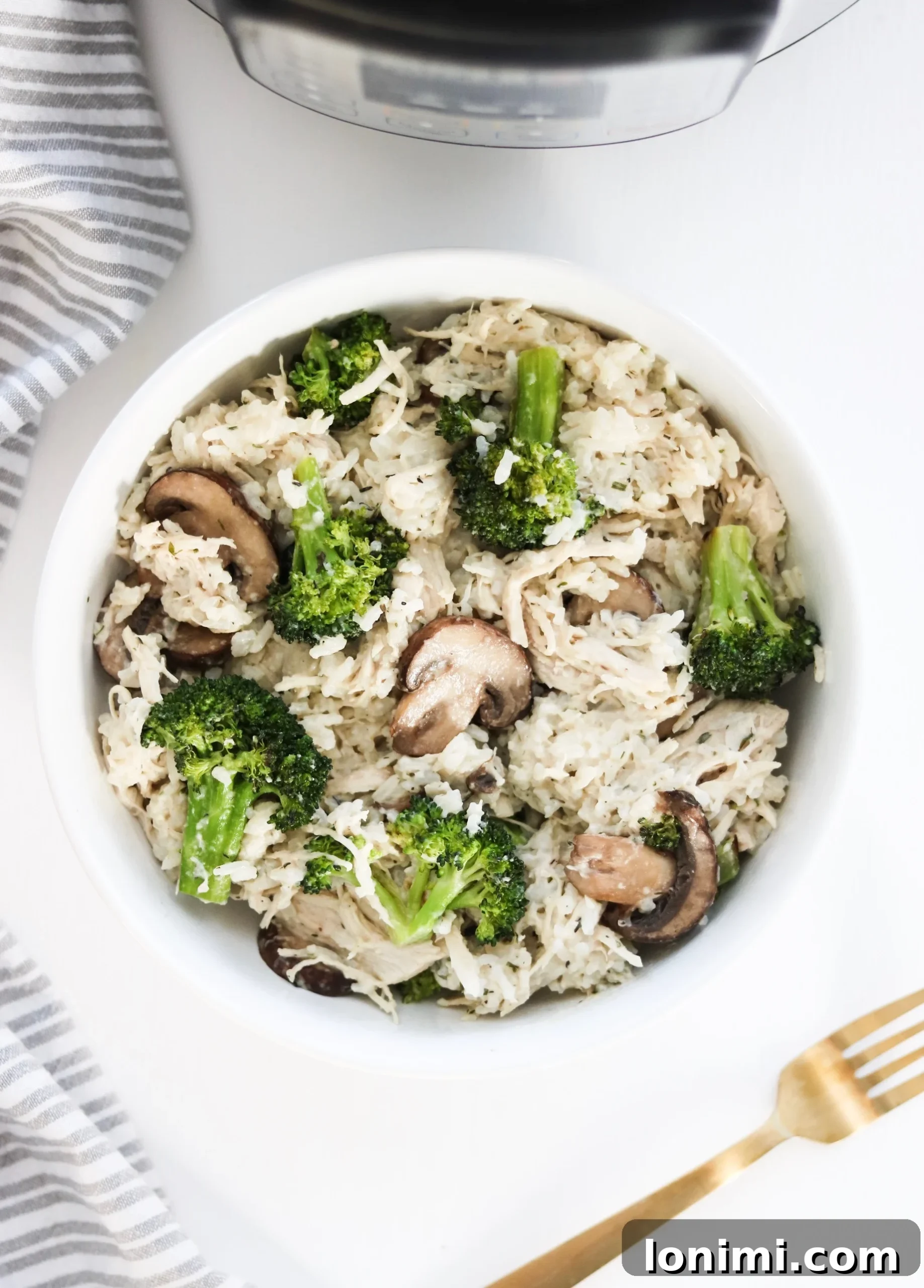 Close-up of roasted broccoli and mushrooms for the casserole.