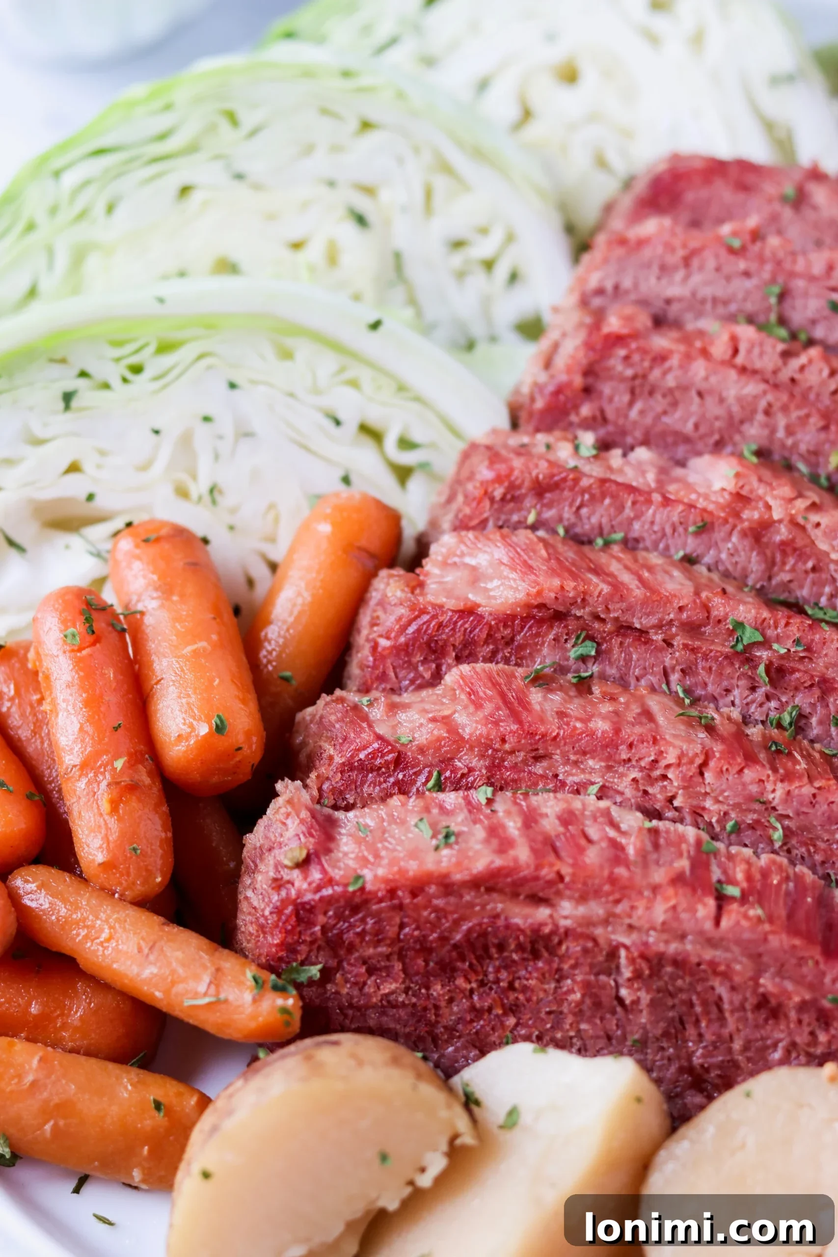 Close-up of Corned Beef Brisket in a Slow Cooker with Spice Packet and Garlic