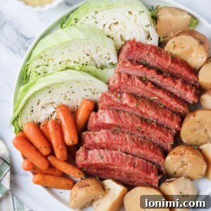 Close-up of a bowl of Slow Cooker Corned Beef and Cabbage