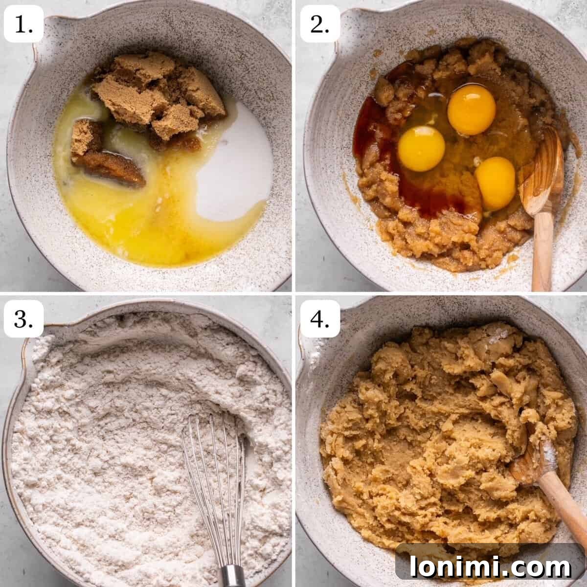 Numbered step-by-step photos showing how to make the cookie dough by mixing wet and dry ingredients.