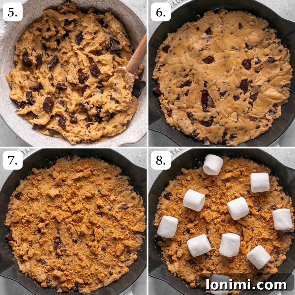 Numbered step-by-step photos showing how to assemble the cookie skillet with layers of dough, crackers, marshmallows, and chocolate.