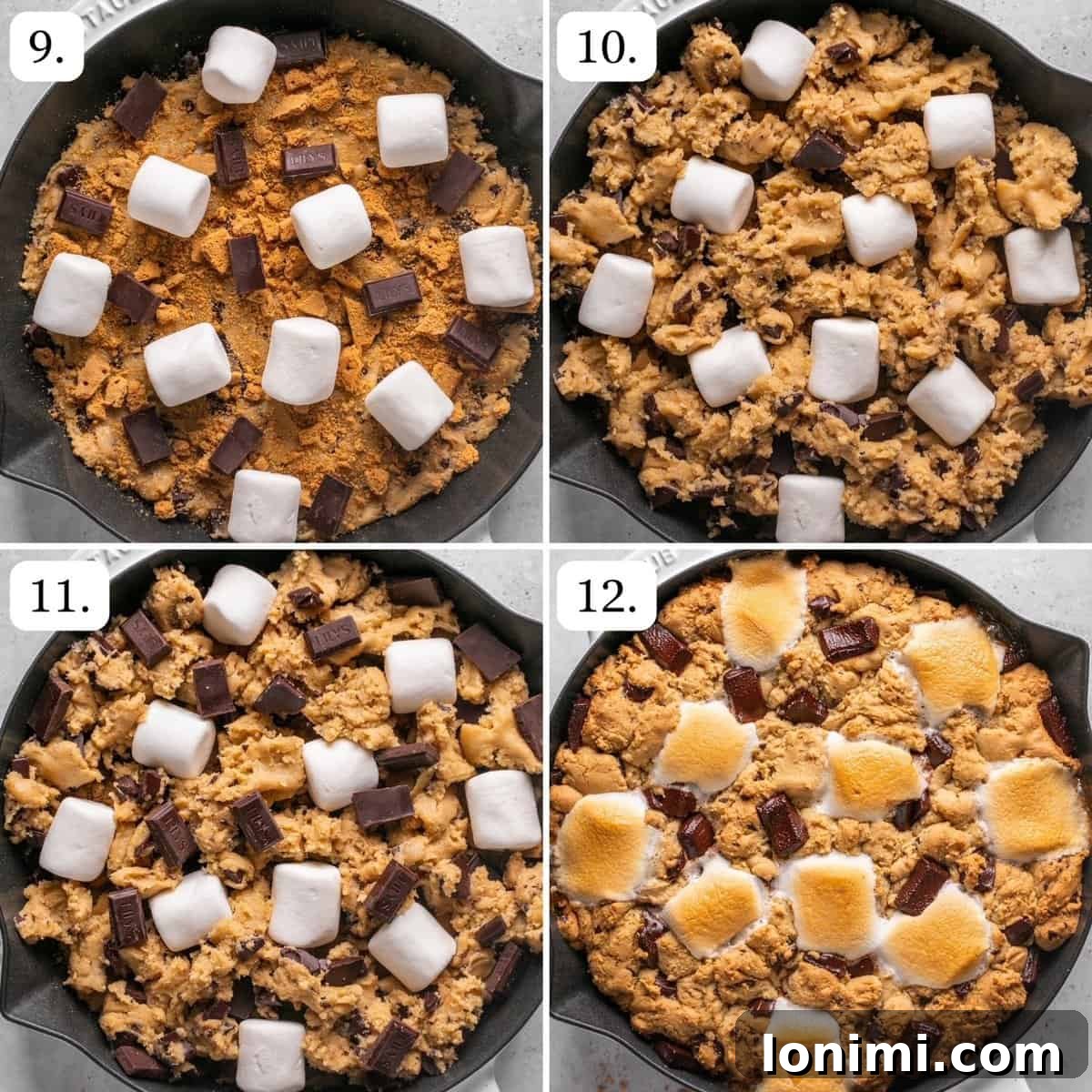 Numbered step-by-step photos showing the S'mores Chocolate and Marshmallow Cookie Skillet baking in the oven.