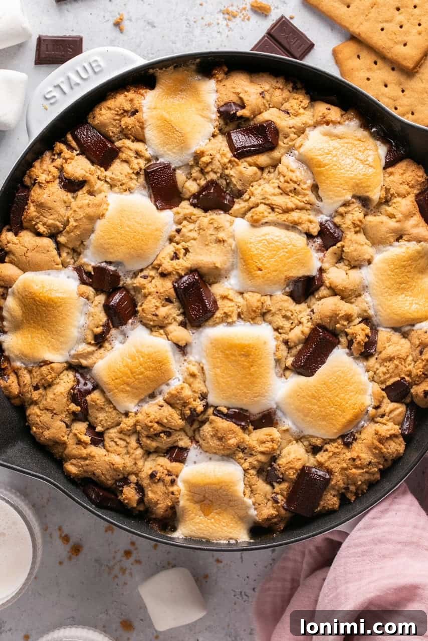 An overhead shot of a S'mores cookie skillet right out of the oven, with perfectly toasted marshmallows and melted chocolate.