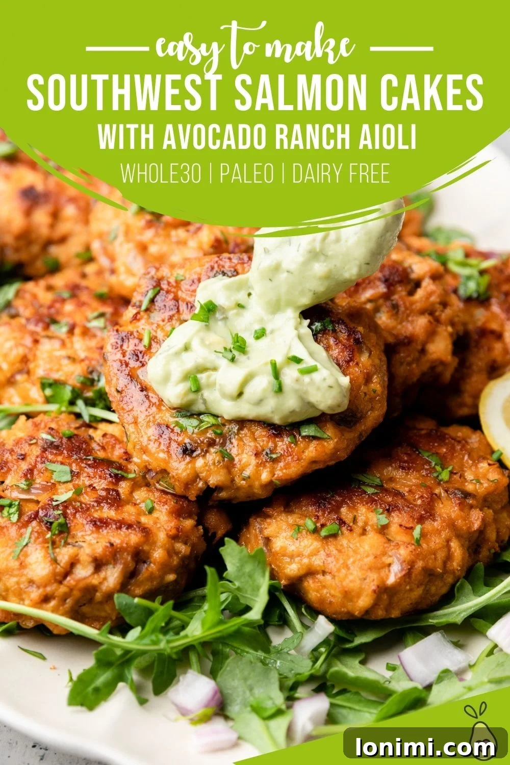 Spicy Southwest Keto Salmon Cakes with Creamy Avocado Aioli 9 southwest salmon cakes longpin for Pinterest