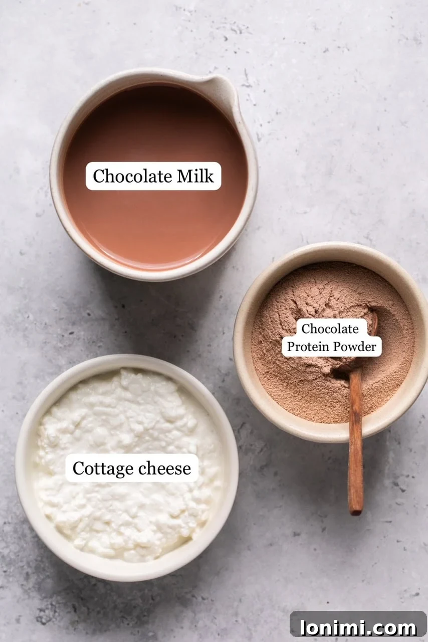 Easy Ninja Creami Protein Ice Cream with 4 Ingredients and 24g Protein 3 Recipe ingredients in small bowls and labeled