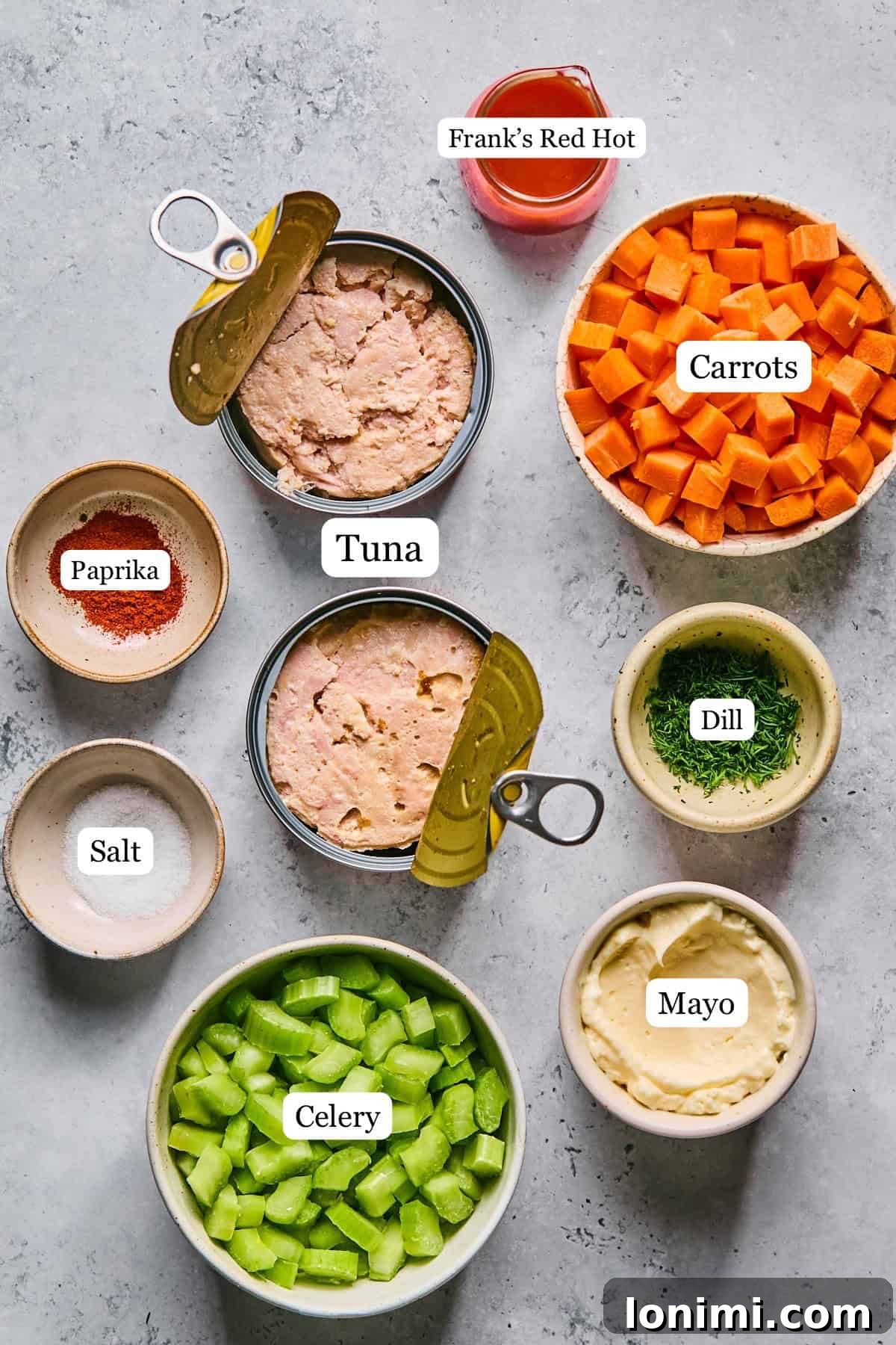 recipe ingredients in small bowls and labeled