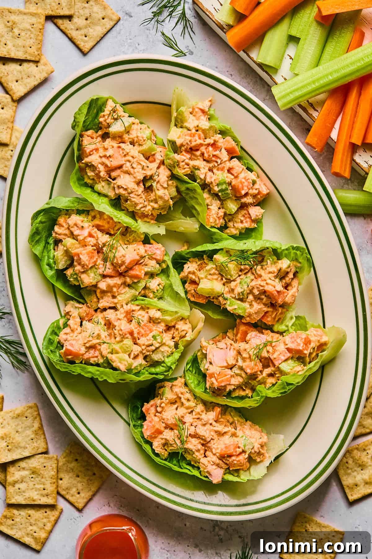 tuna salad stuffed into lettuce cups on a large platter