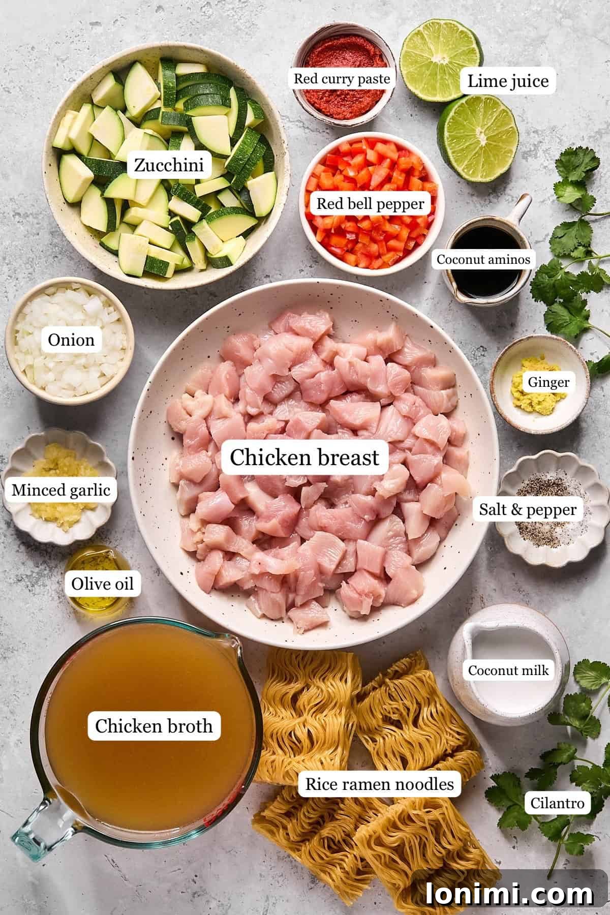 recipe ingredients in small bowls and labeled 
