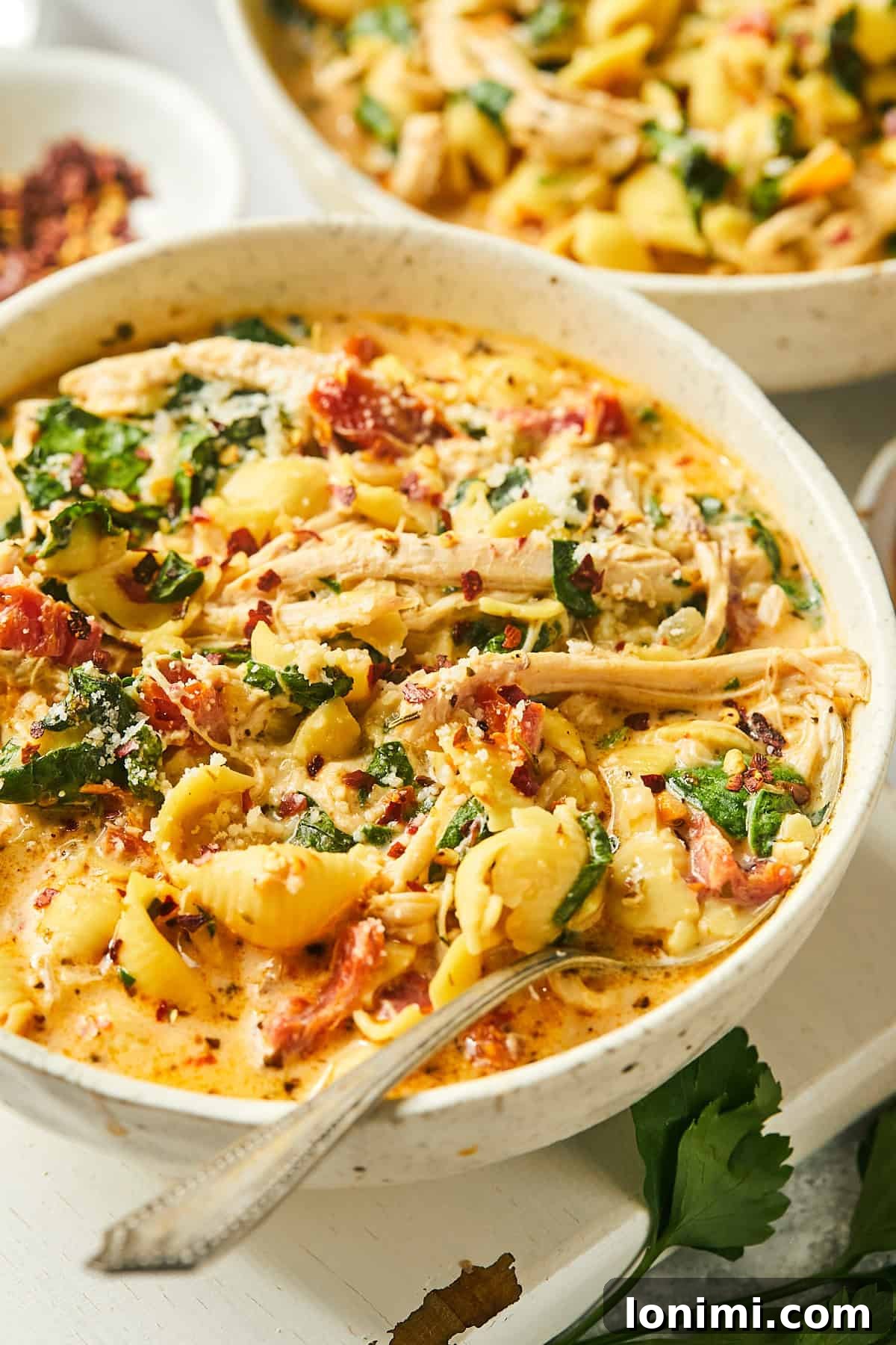 A spoon elegantly scooping up a portion of creamy Marry Me Chicken Soup, revealing tender chicken, pasta, and spinach.