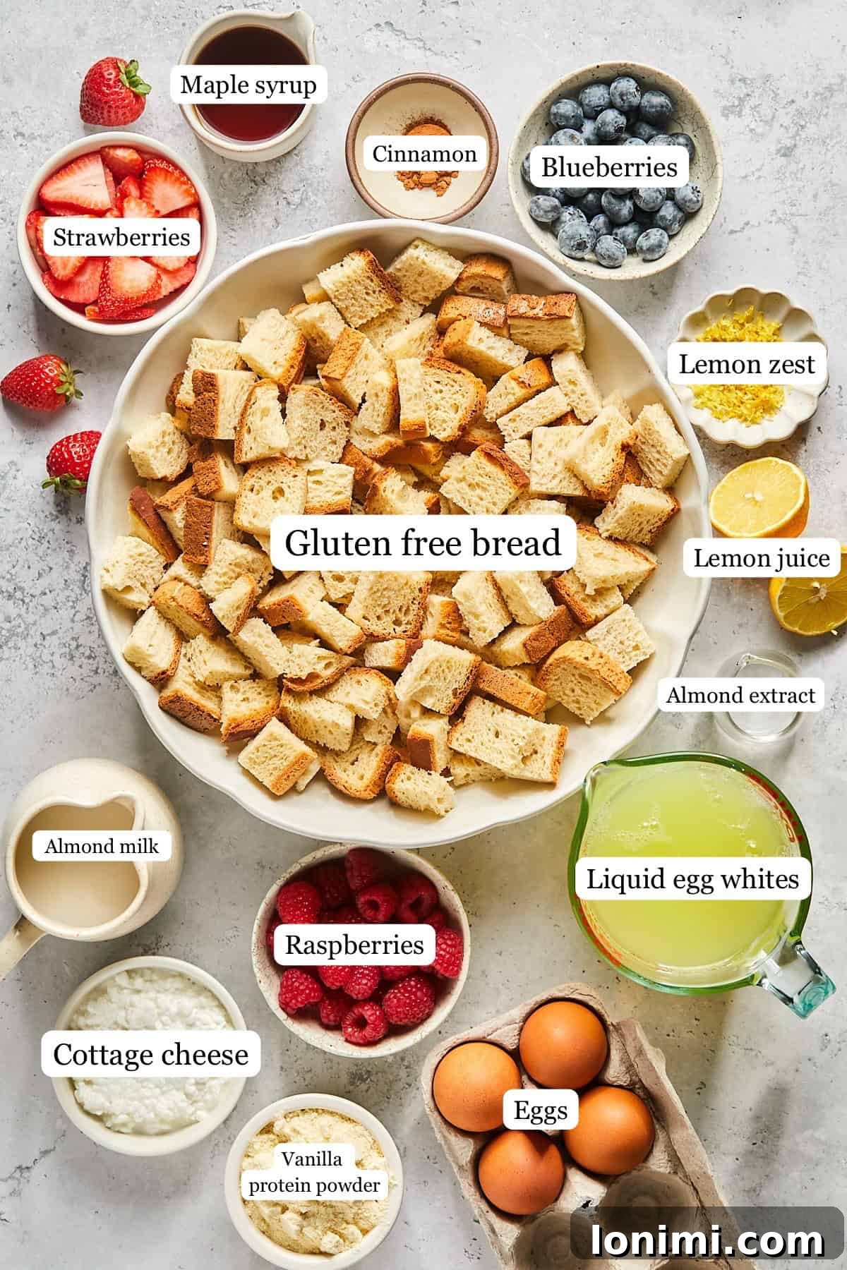recipe ingredients in small bowls and labeled. 