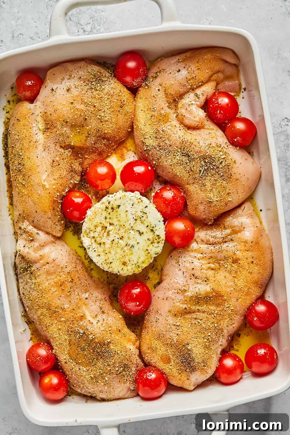 Seasonings being sprinkled over the chicken breasts and tomatoes in the casserole dish, preparing them for roasting.