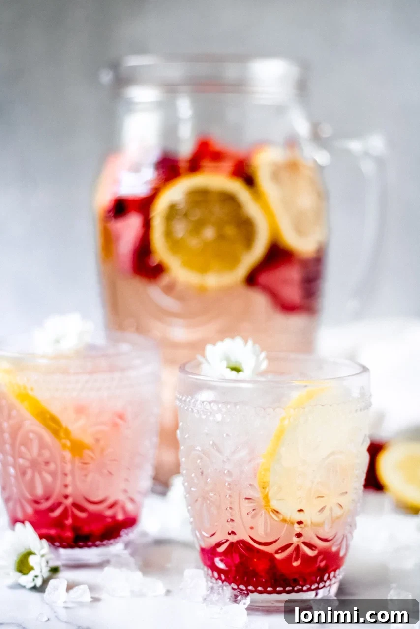 A refreshing Strawberry Rose Spritzer in a glass, garnished with fresh strawberries and a rose petal, perfect for summer.