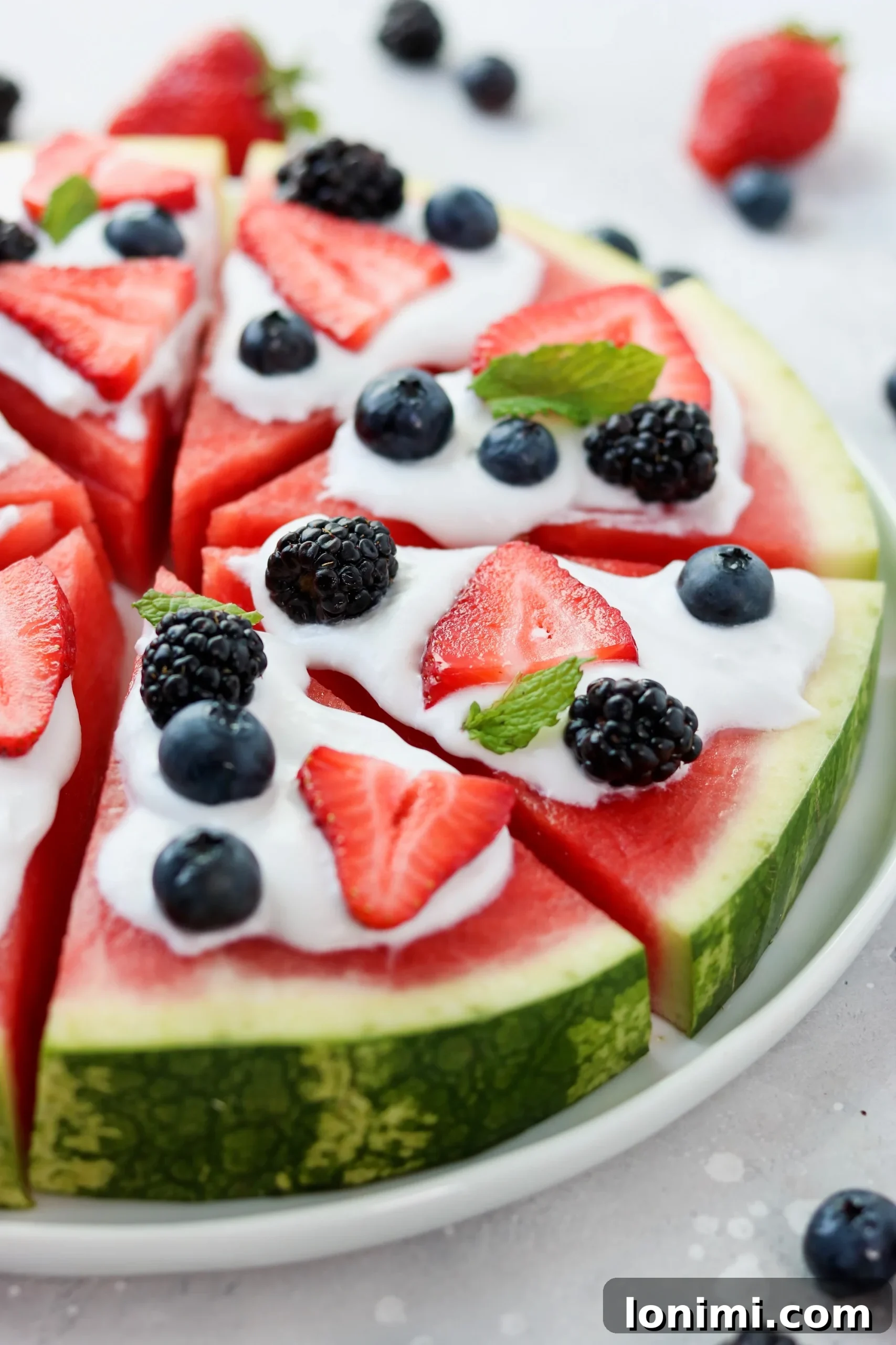 Close-up of a vibrant watermelon pizza slice featuring homemade whipped coconut cream and an assortment of fresh berries like strawberries, blueberries, and blackberries