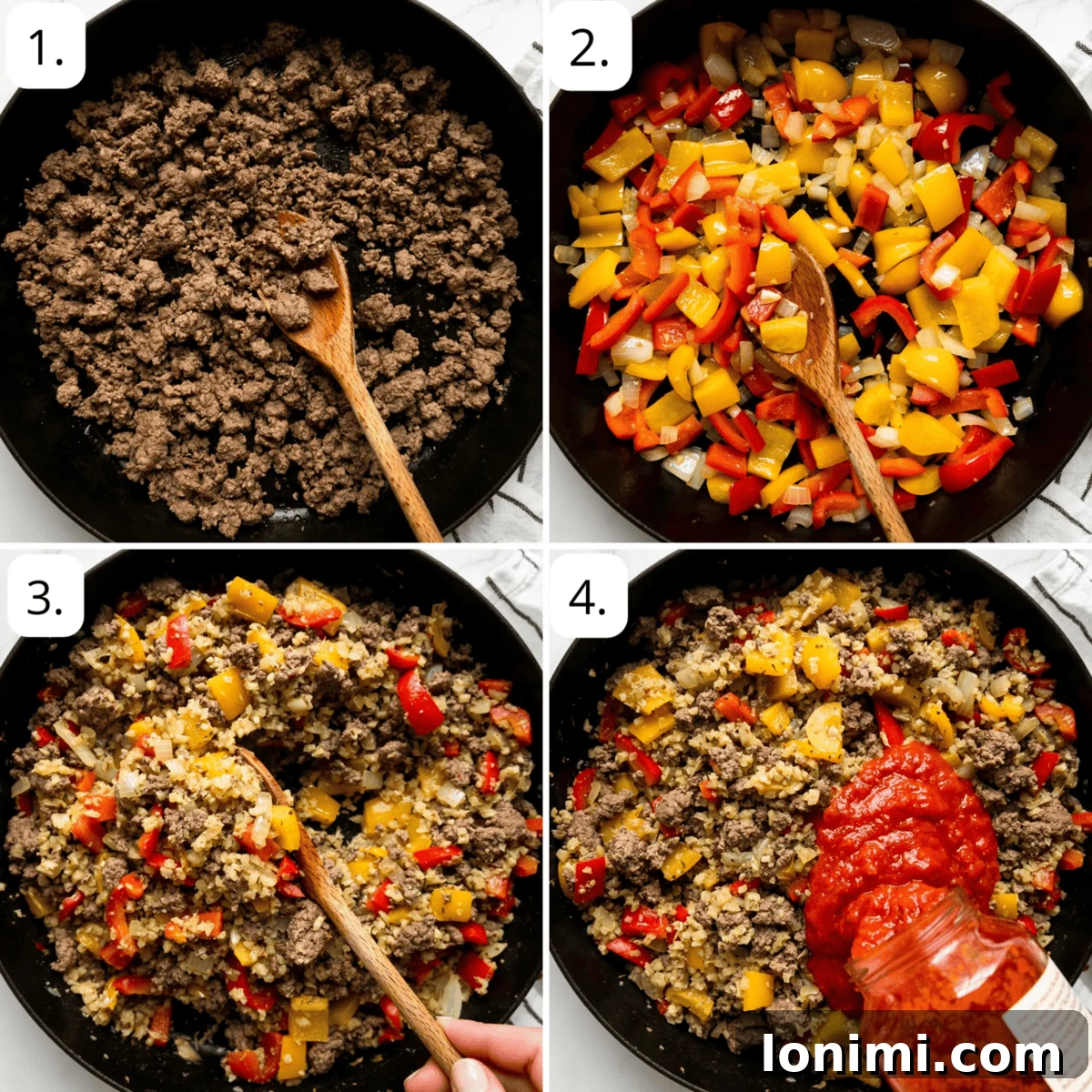 A visual guide showing the steps for how to prepare deconstructed stuffed peppers in a single skillet, from browning beef to adding vegetables and sauce.