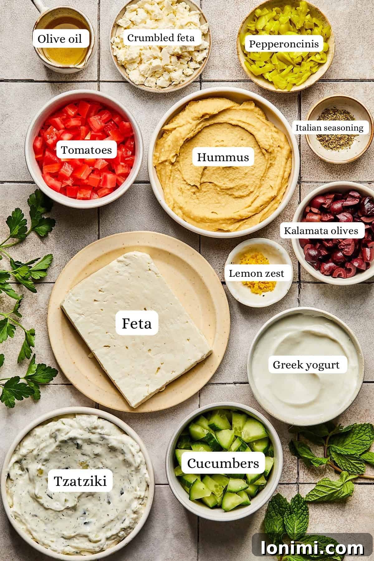 Effortless Mediterranean Layered Feta Dip 3 ingredients for Greek dip in nesting bowls