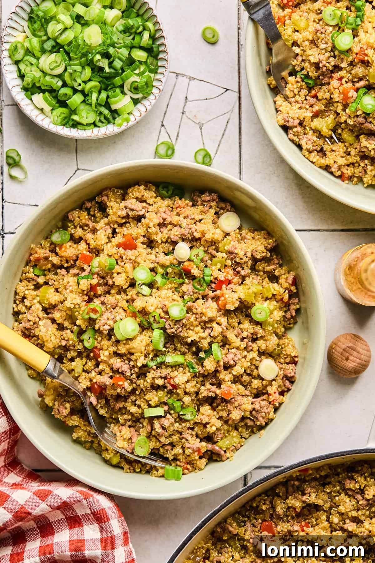 An overhead shot showcasing the rich blend of quinoa, ground beef, and Cajun spices in a bowl, exquisitely topped with fresh green onions.