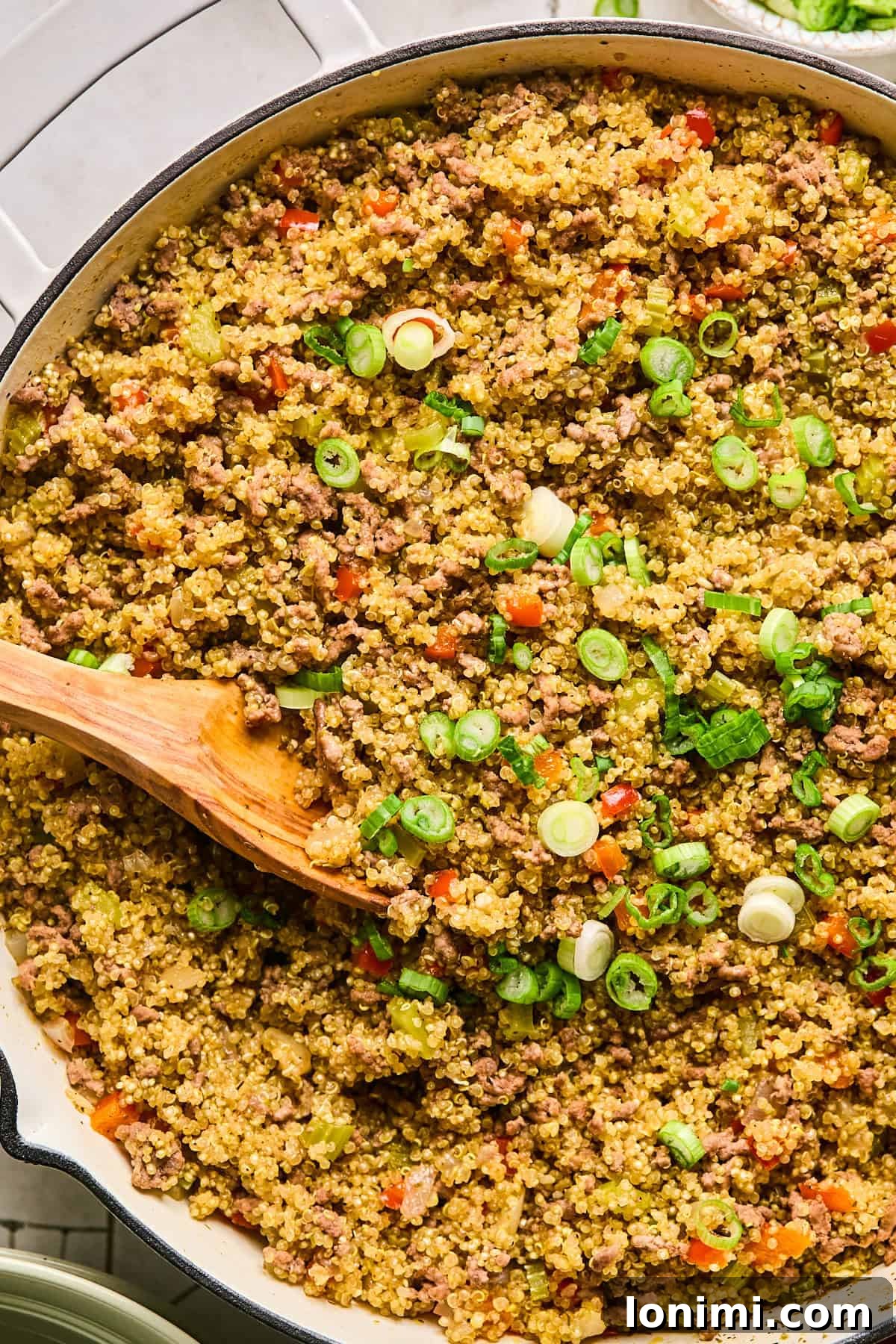A close-up, mouthwatering shot of the Dirty Quinoa, vibrant with spices and garnished with fresh green onions, highlighting its rich texture and appeal.