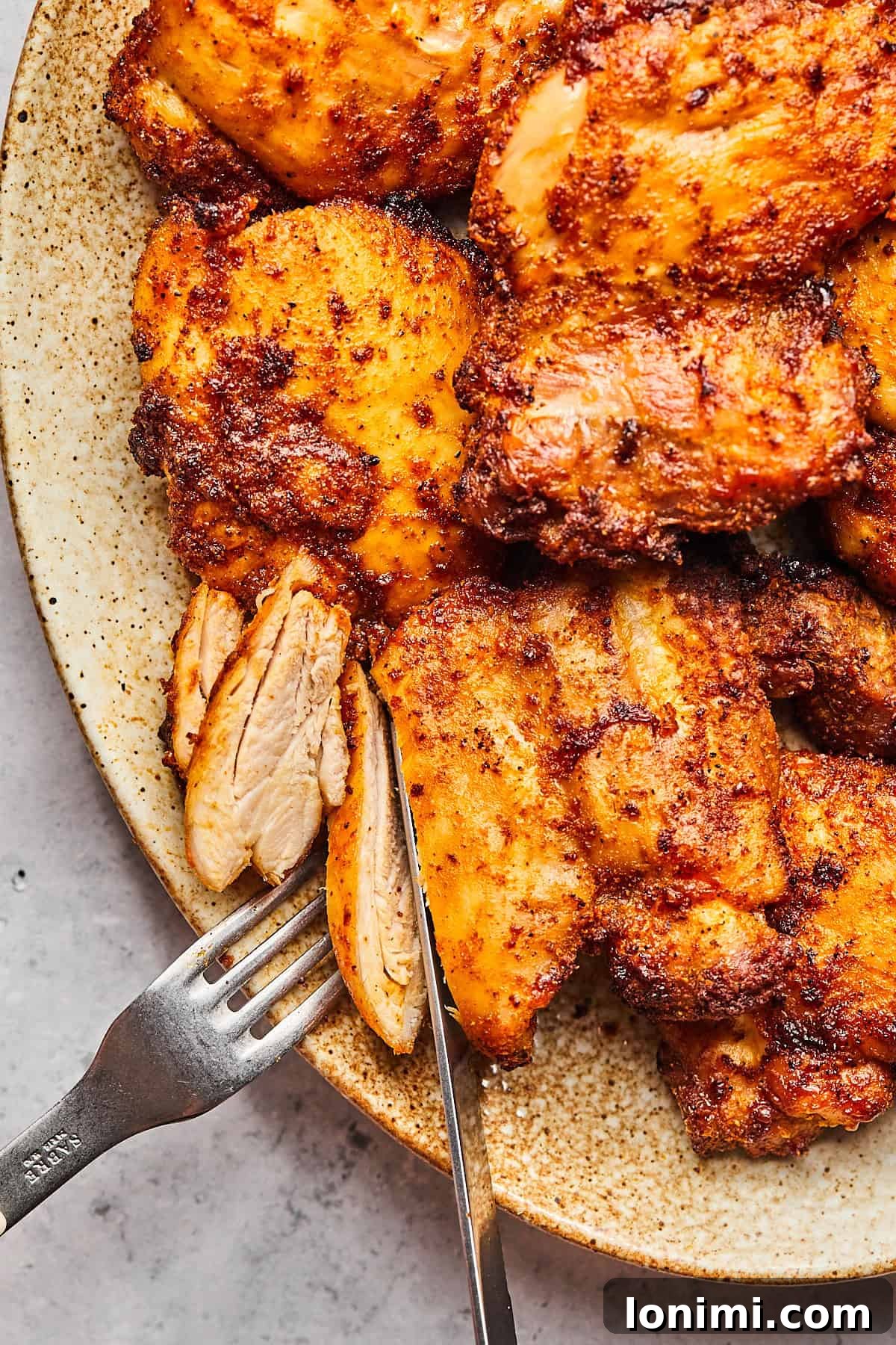 A fork and knife are poised to slice into a perfectly cooked air fryer chicken thigh on a white plate, revealing its moist and tender interior.