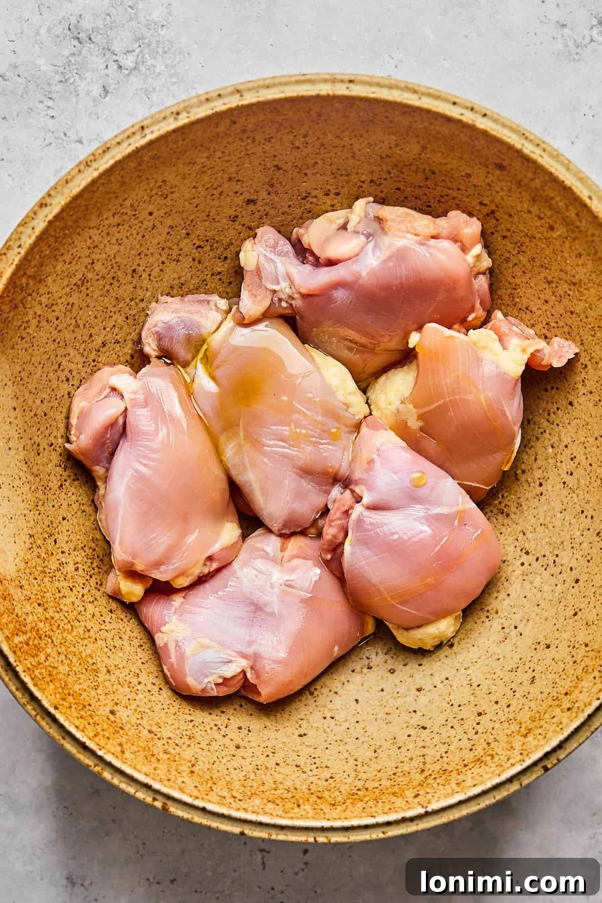 Several raw boneless, skinless chicken thighs are arranged neatly in a pristine white mixing bowl, ready for seasoning.