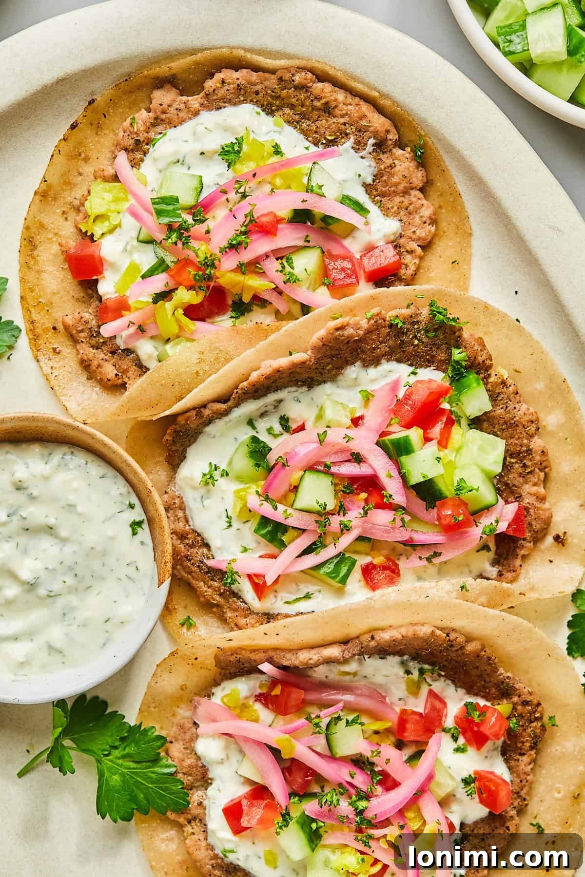 Greek turkey smash burger tacos