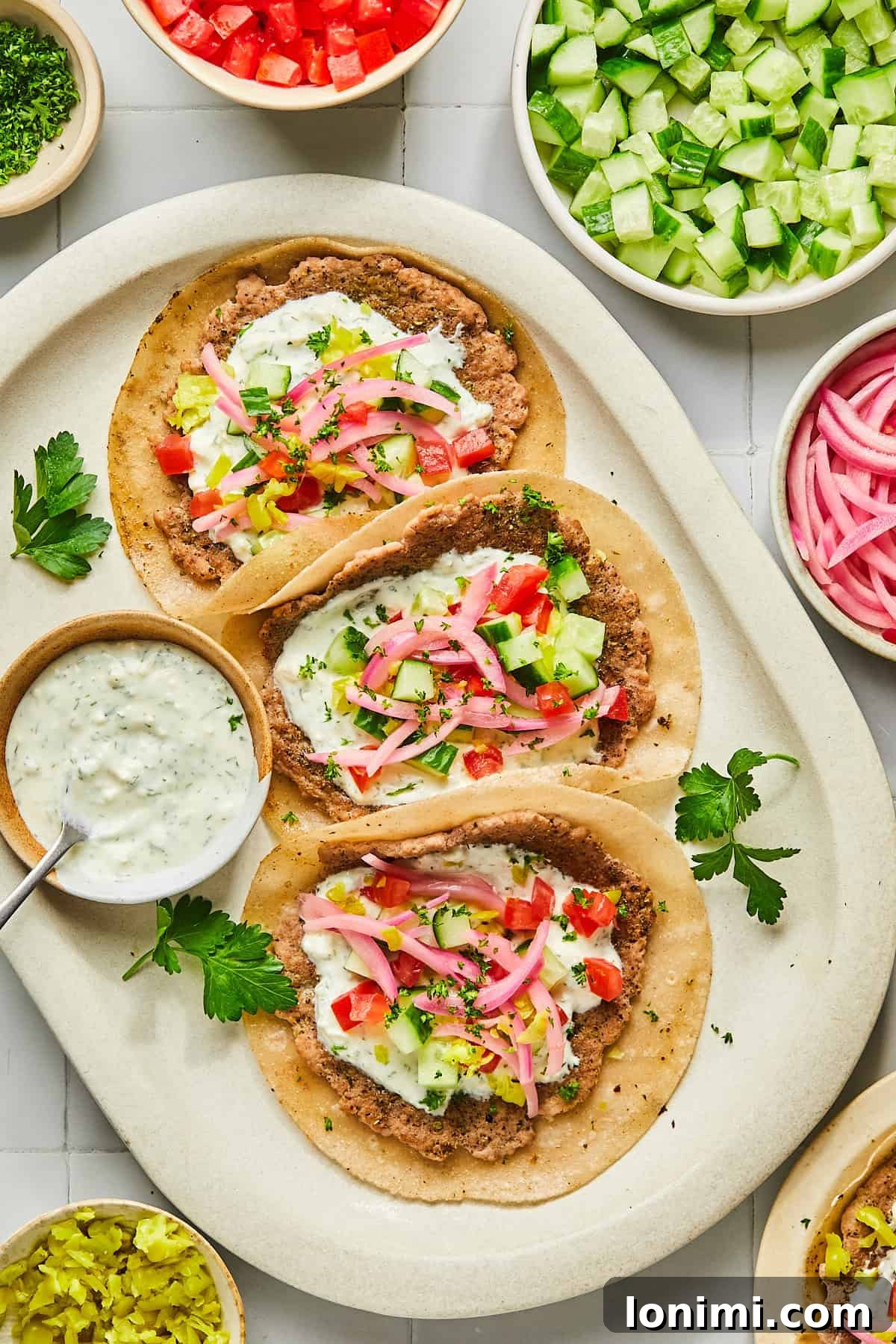 Greek turkey tacos on a platter