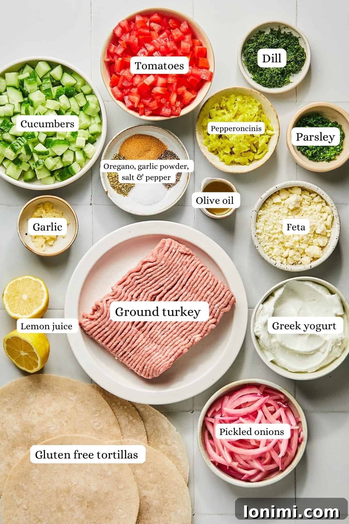 Ingredients for turkey smash burger tacos in nesting bowls