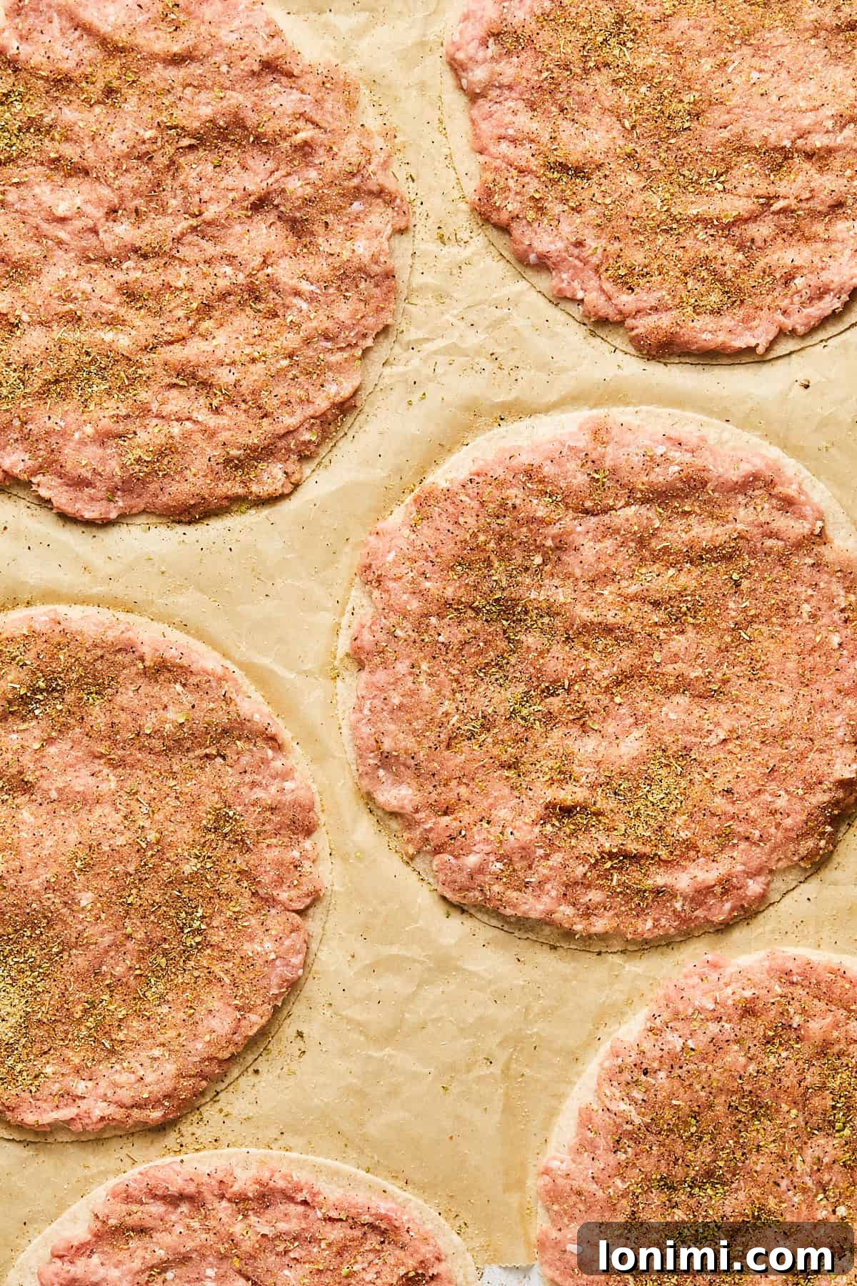 raw ground turkey on tortillas sprinkled with seasonings