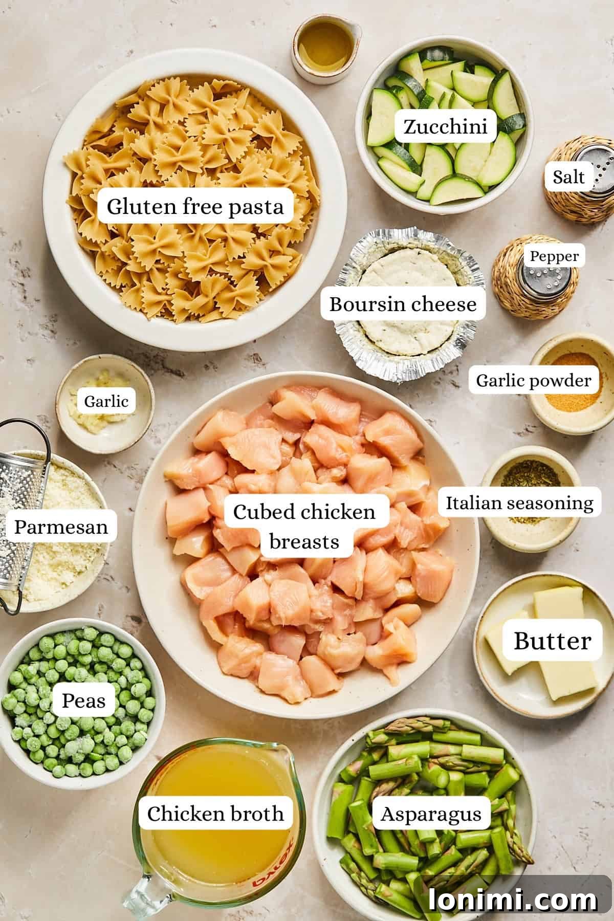 Ingredients arranged on a surface include a bowl of cubed chicken breasts, gluten-free pasta, zucchini slices, grated parmesan, asparagus pieces, peas, Boursin cheese, garlic, butter, chicken broth, and seasonings like garlic powder, salt, and pepper.
