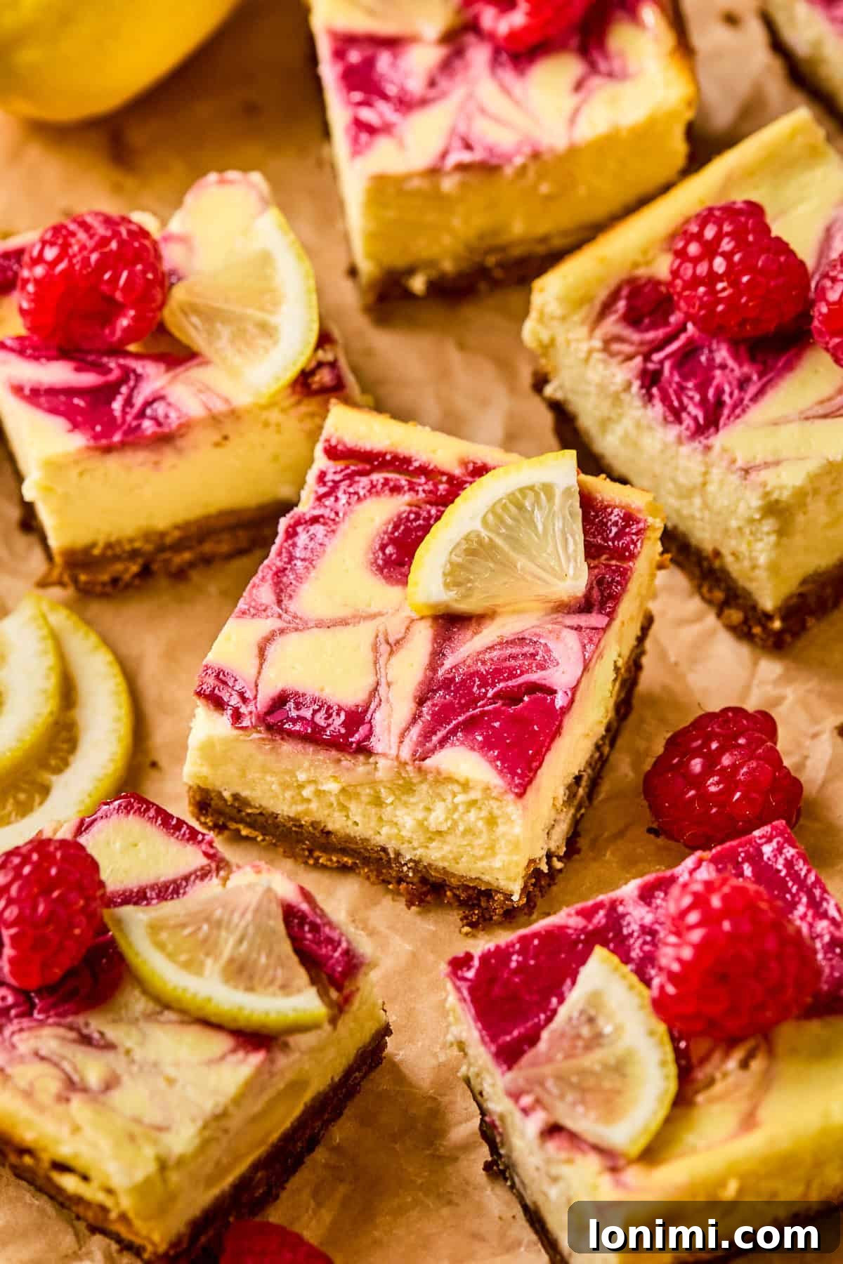 Close-up of vibrant raspberry lemon protein cheesecake bars on brown parchment paper, garnished with fresh raspberries and small lemon slices. The creamy cheesecake sits on a crumbly graham cracker crust.