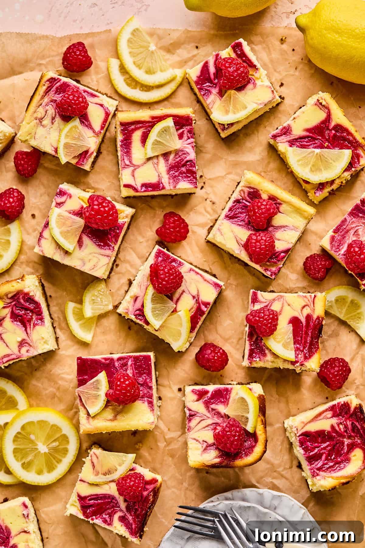 Perfectly cut squares of creamy raspberry lemon protein cheesecake bars with a beautiful marbled pink and white design. Each bar is elegantly topped with fresh raspberries and thin lemon slices, arranged on parchment paper, surrounded by whole lemons and additional lemon slices for garnish.