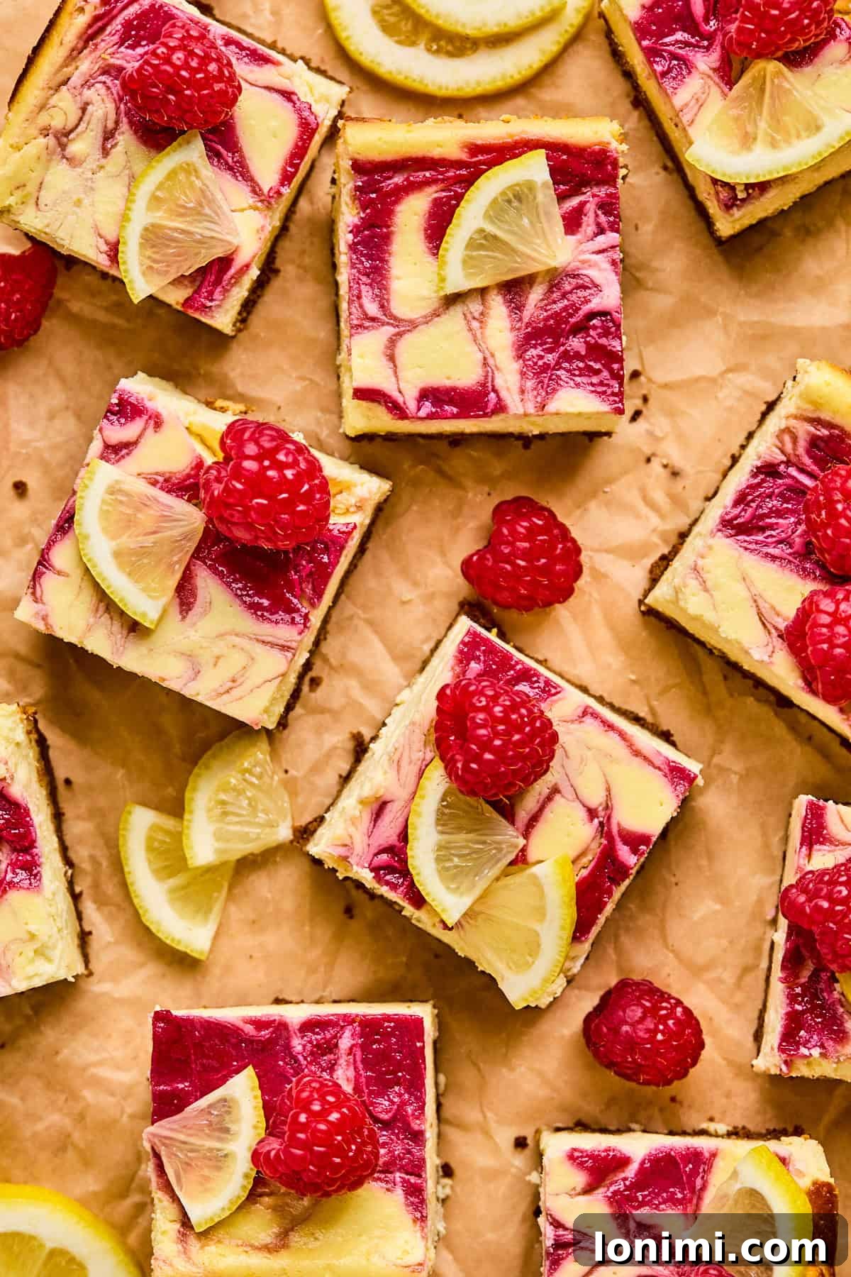 Overhead view of perfectly cut raspberry lemon protein cheesecake bars, each featuring a beautiful marbled raspberry swirl and garnished with fresh raspberries and lemon slices, all arranged neatly on brown parchment paper.