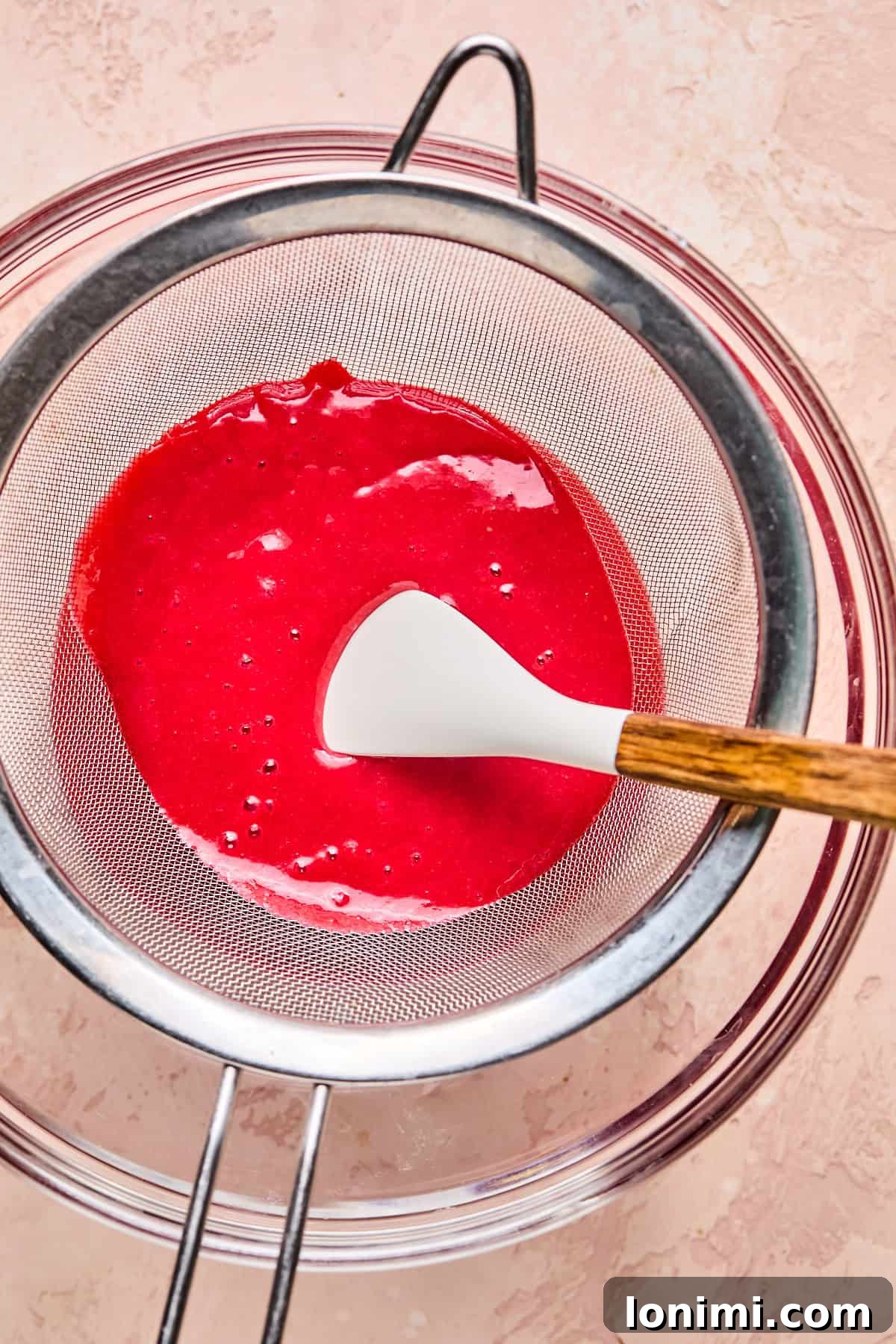 Freshly blended raspberry puree being carefully strained through a fine mesh sieve into a clear glass bowl, with a white spatula assisting the process, set against a light-colored surface.