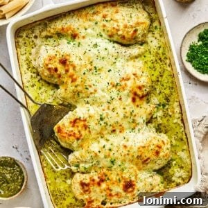 cheesy pesto chicken bake in a white casserole dish