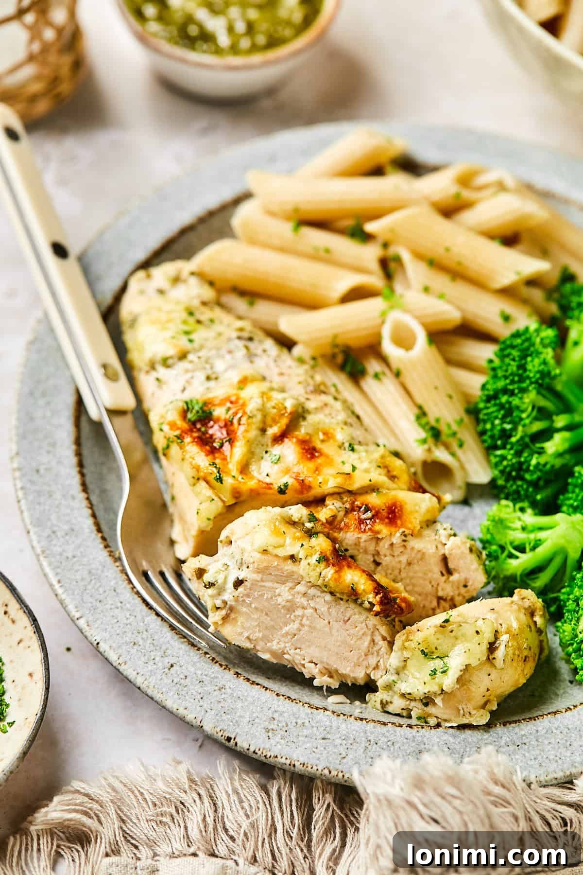 Sliced baked pesto chicken on a plate with fresh herbs and cheese