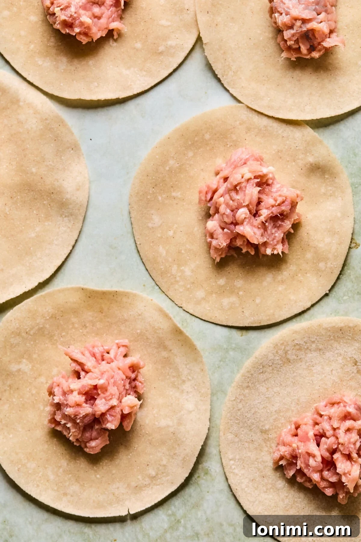 Step 3: Raw ground chicken divided into six equal portions on a plate, ready for smashing.