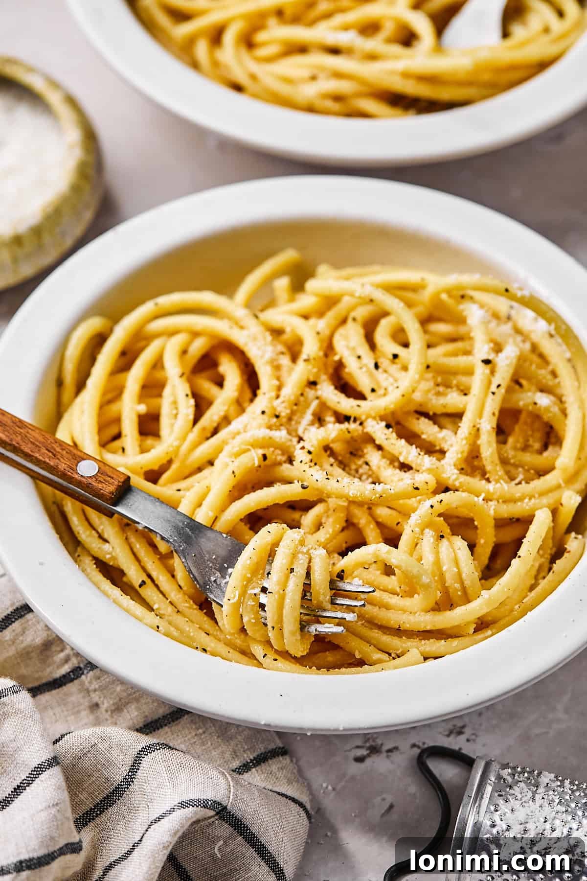 Close-up of bucatini cacio e pepe twirled on a fork with cracked pepper and grated cheese