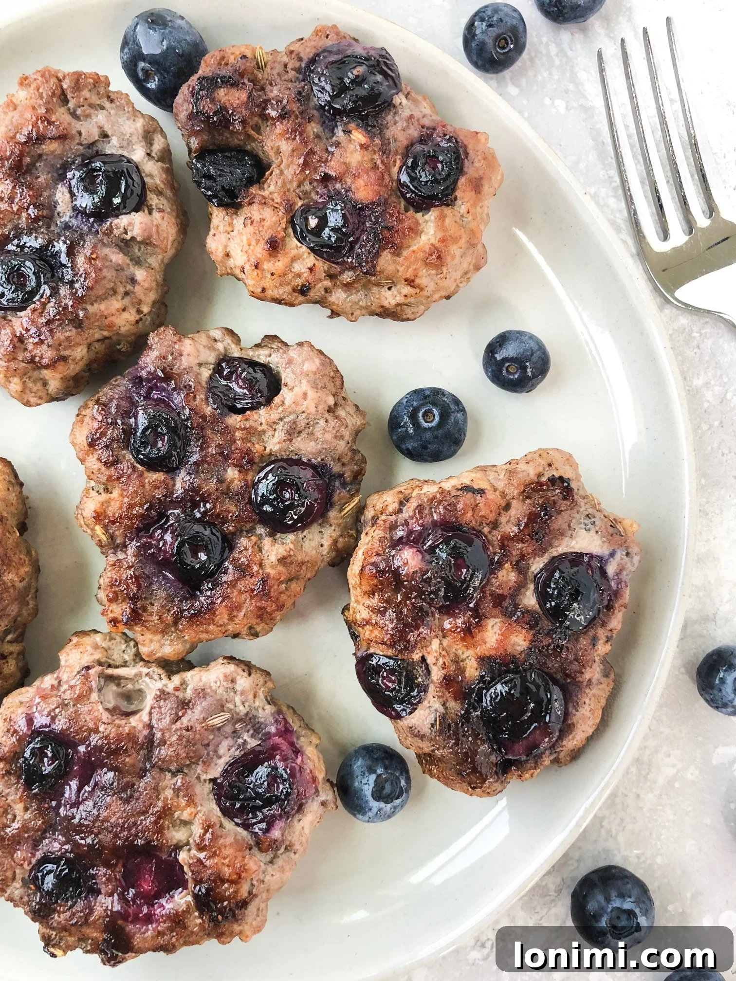 Close-up of cooked Blueberry Breakfast Sausage patties