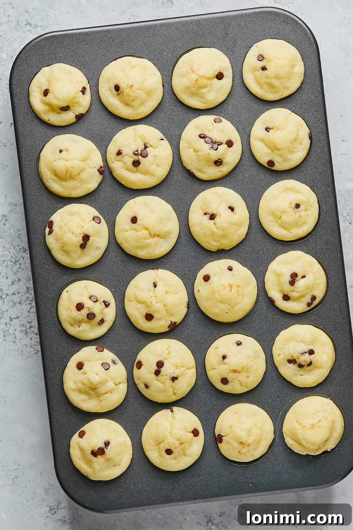 A batch of freshly baked gluten-free mini muffins, golden brown and perfectly risen, cooling in a 24-cup mini muffin pan on a wire rack.
