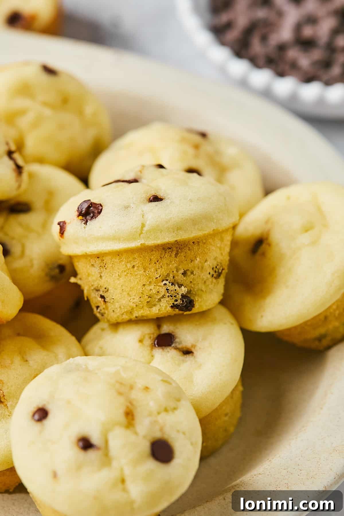 A close-up shot of a single gluten-free mini muffin, meticulously cut in half to showcase its exquisite soft and fluffy crumb texture, with visible mini chocolate chips embedded.
