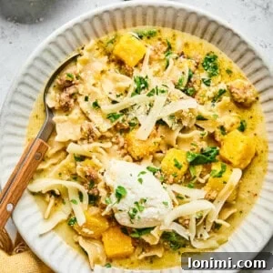 Butternut squash lasagna soup in a bowl with a spoon
