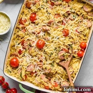 chicken sausage orzo bake in a casserole dish with a wooden spoon surroounded by tomatoes, cheese, and a pink napkin